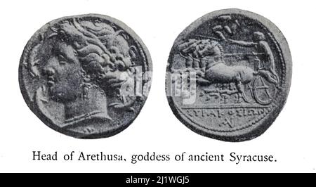 Leiter der Arethuse Goddess of Syracuse aus dem Buch „Religious Character of Ancient Coins“ von Jeremiah Zimmerman, das 1908 von Spink & Son Ltd. Veröffentlicht wurde Stockfoto