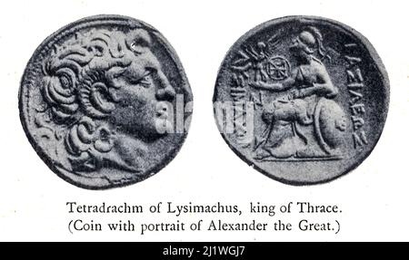 Tetradcachm von Lysimachus, König von Thrakien. (Münze mit Porträt von Alexander dem Großen.) aus dem Buch "Religious Character of Ancient Coins" von Jeremiah Zimmerman, das 1908 von Spink & Son Ltd. Veröffentlicht wurde Stockfoto