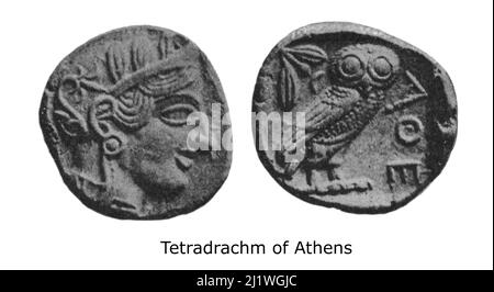 Tetradrachme von Athen aus dem Buch „Religious Character of Ancient Coins“ von Jeremiah Zimmerman, das 1908 von Spink & Son Ltd. Veröffentlicht wurde Stockfoto
