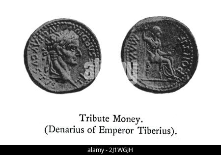 Tribute Money. (Denar von Kaiser Tiberius) aus dem Buch „Religious Character of Ancient Coins“ von Jeremiah Zimmerman, das 1908 von Spink & Son Ltd. Veröffentlicht wurde Stockfoto