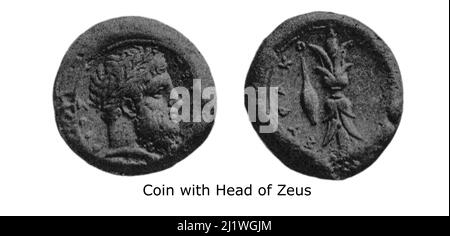 Münze mit dem Kopf des Zeus aus dem Buch "Religious Character of Ancient Coins" von Jeremiah Zimmerman, das 1908 von Spink & Son Ltd. Veröffentlicht wurde Stockfoto