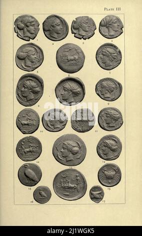 Platte III Decadrachm, Decadrachmen und Drachme aus verschiedenen Orten auf der Insel aus dem Katalog "Münzen des alten Sizilien" von Sir George Francis Hill, Published 1903 Westminster, A. Constable & co., ltd. Stockfoto