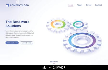 Die besten Arbeitslösungen isometrische Landing Page, Motorgetriebe, Zahnräder Mechanismus Arbeitsprozess, Teamarbeit Zusammenarbeit, Unternehmensstrategie oder innovativ Stock Vektor