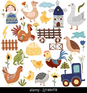 Farm von Geflügel, Gans, Wachteln, Hühnern, Hahn, truthahn, Ente, Landfahrzeug, Windmühle. Landwirtschaftliches Geflügel, auf weißem Hintergrund. Boho Farm. Vektorgrafik. Stock Vektor
