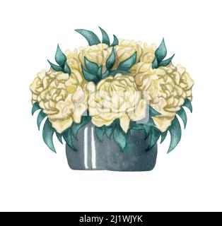 Aquarell Pfingstrosen Bouquet in einem Korb isoliert auf weißem Hintergrund. Handbemalte weiße Blumen und grüne Blätter. Florale Illustration. Stockfoto