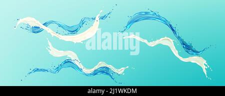 Horizontale Spritzer Wasser und weiße Creme auf blauem Hintergrund. Vector realistische Satz von flüssigen Wellen von fließenden Getränken, Wasser und Milch fließt zusammen Stock Vektor
