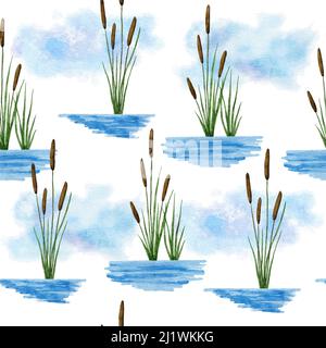 Aquarell handgezeichnetes nahtloses Muster mit Typha-Pflanze im Flussseenwasser. Blauer Himmel natürliche wilde Landschaft Hintergrund, Walddruck mit Botanik Grün Elemente Blumen Stockfoto