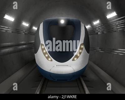 Zug oder U-Bahn in Tunnelansicht, U-Bahn-Lokomotive auf Schienen mit Windschutzscheibe und Beleuchtung. Moderne U-Bahn-Stadtverkehr, Eisenbahn-Passagier Stock Vektor