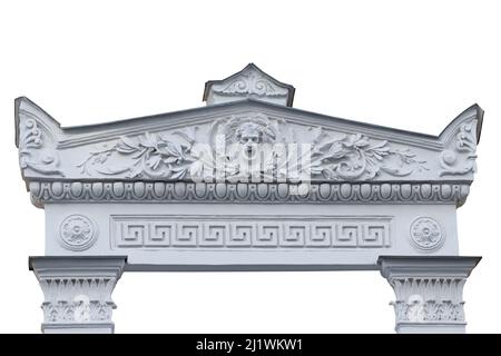 Elemente der Architektur von Gebäuden, alte Bögen und Säulen, Stuck und Muster isoliert auf weißem Hintergrund Stockfoto