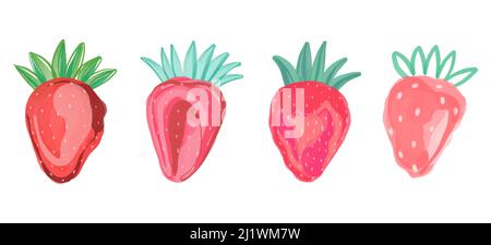 Handgezeichneter Vektor Aquarell-Satz Erdbeeren. Rosa saftige Beeren isoliert auf weißem Hintergrund. Sommerliche Elemente für Design. Stock Vektor