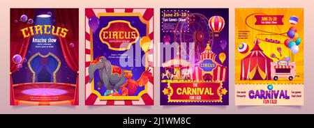 Circus Show Banner, Big Top Zelt Karneval Unterhaltung mit Elefant, phoenix auf der Bühne, Eisstand und Karussell. Einladungsflyer, Tickets für Stock Vektor