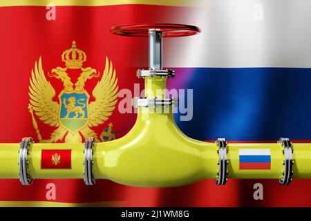 Gaspipeline, Flaggen von Montenegro und Russland - 3D Abbildung Stockfoto