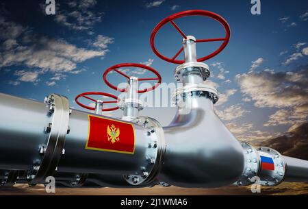 Gaspipeline, Flaggen von Montenegro und Russland - 3D Abbildung Stockfoto