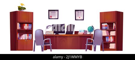 Schuldirektorenbüro für Treffen und Gespräche mit Lehrern, Schülern und Eltern. Vektor Cartoon Set von Möbeln, Tisch, Stühlen und Bücherregal für Stock Vektor