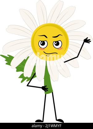Kamille Charakter mit Emotionen des Helden, tapferes Gesicht, Arme und Bein. Person mit Mut Ausdruck, Gänseblümchen Blume. Vektorgrafik flach Stock Vektor