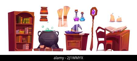 Magische Schule Interieur mit offenem Buch der Zauber, Papierrolle, Stab und Kessel mit Trank. Vektor Cartoon Satz von Möbeln in Zauberer oder Hexenraum, Stock Vektor