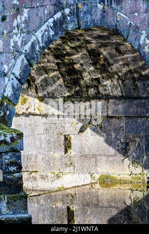 Wasser, das unter der Palladium-Steinbrücke im Stourhead Garden, Wiltshire, Großbritannien, reflektiert wird Stockfoto