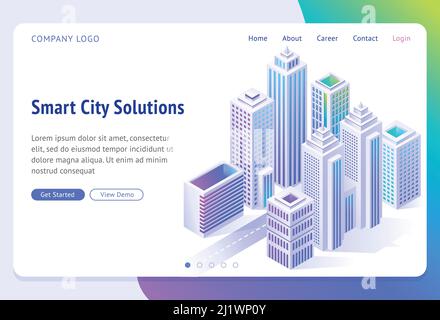 Banner für Smart City-Lösungen. Isometrische futuristische Stadt mit Wolkenkratzern, Gebäuden und Straße. Vektor Landing Page für Unternehmenswebsite, Innovation in ur Stock Vektor