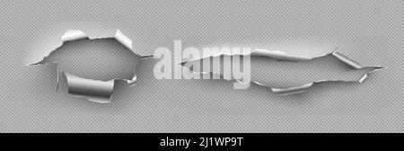 Metall-Einrisslöcher mit lockigen Kanten, zerrissene Risse, Schnittschäden auf Stahlblech. Zerrissener Schrägstrich, Gun Aperture Design-Element isoliert auf transparentem Hintergrund Stock Vektor