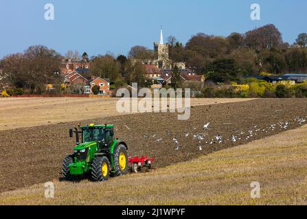 Traktor, ein Feld zu pflügen. Stockfoto