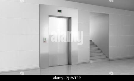 Lift Tür und Treppen in der Lobby. Aufzug mit geschlossenen Metalltoren, Knöpfen und Bühnennummertafel. Bauhalle leeres Interieur, realistischer 3d Vektor tra Stock Vektor