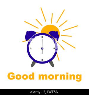 Ein Wecker-Symbol, eine flache Farbdarstellung eines Weckers mit der Sonne ein Banner mit der Aufschrift Guten Morgen Stock Vektor