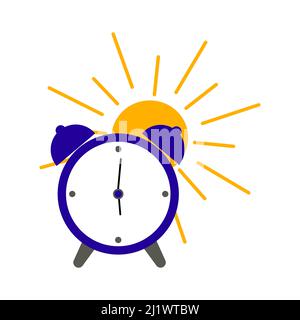 Wecker-Symbol, eine flache Farbdarstellung eines Weckers mit der Sonne. Vektor auf weißem Hintergrund isoliert. Stock Vektor