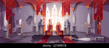 Verlassene mittelalterliche Burg mit goldenen Königsthronen. Vektor-Cartoon-Innenraum des alten schmutzigen Palast mit König und Königin Stühle, Steinstatuen der Ritter, t Stock Vektor