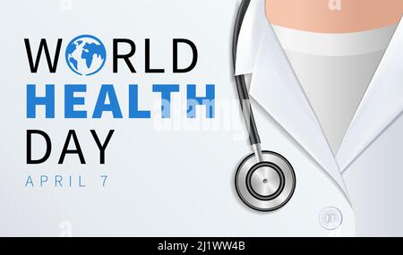 Weltgesundheitstag, Arzt mit Stethoskop. Der Welttag des Gesundheitsbewusstseins wird jedes Jahr am 7.. April gefeiert. Vektorgrafik Stock Vektor