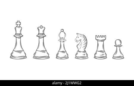 Handgezeichnete Skizze mit Schachfiguren auf weißem Hintergrund. Schach. Verknüpfung prüfen. König, Königin, Bischof, Ritter, Rook, Bauer. Vektorsymbole. Stock Vektor