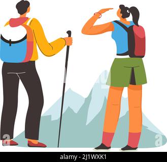 Trekking Mann und Frau, Wandern in den Bergen Vektor Stock Vektor