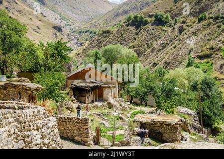 26. August 2016, Dorf Margib, Tadschikistan: Eine junge Frau trägt in einem abgelegenen Bergdorf in Tadschikistan frisch gebackenes traditionelles tadschikisches Brot Stockfoto