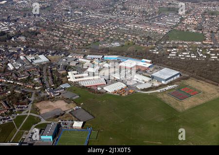 Luftaufnahme des Claro Court Business Center und anderer Unternehmen und Industrie auf der Claro Road, Harrogate, North Yorkshire Stockfoto