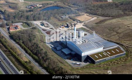 Luftaufnahme des Allerton Waste Recovery Park auf der Autobahn A1(M) in der Nähe von Knaresborough, North Yorkshire (ebenfalls vor Ort: Hanson Ready-mixed concrete) Stockfoto