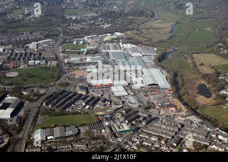 Luftaufnahme des Airedale Business Park & Riverside Business Park, Royd Ings Avenue, Keighley, West Yorkshire Stockfoto