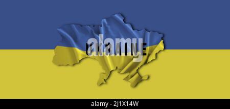 Ukrainische Flagge und Karte Darstellung des Krieges gegen Russland - Krieg in der Ukraine gegen russische Soldaten - Banner 2022 Stockfoto