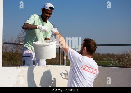 Symbolbild der Integration auf dem Arbeitsmarkt: Maler Ralf Brütting aus Ludwigshafen (Rheinland-Pfalz) zusammen mit seinem Lehrling, der fle Stockfoto