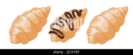 Abbildung des Croissant-Sets. Croissant-Sammlung von klassischen, mit Schokoladenglasur und Puderzucker. Vector Puff Croissants isoliert auf weißem Backgro Stock Vektor