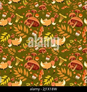 Waldmuster mit Tieren und Pflanzen. Nahtloses Muster für Stoff, Papier und andere Druck- und Webprojekte. Stock Vektor
