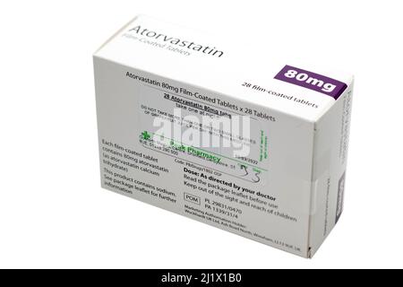 Schachtel mit 28 80 mg Atorvastatin-Filmtabletten Stockfoto
