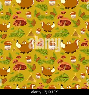 Waldmuster mit Tieren und Pflanzen. Nahtloses Muster für Stoff, Papier und andere Druck- und Webprojekte. Stock Vektor
