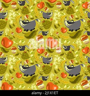 Waldmuster mit Tieren und Pflanzen. Nahtloses Muster für Stoff, Papier und andere Druck- und Webprojekte. Stock Vektor