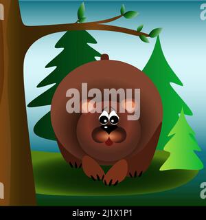 Braunbär im Wald unter dem Baum Kinderillustration Stock Vektor