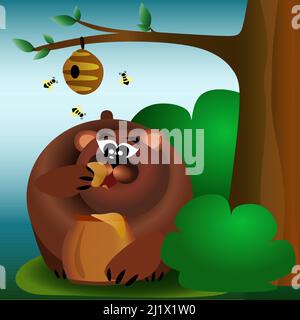 Braunbär im Wald, der neben Bienen Honig frisst, und Bienenstock-Kinderillustrationen Stock Vektor