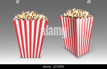 Gestreifte Papierschachtel mit Popcorn isoliert auf weißem Hintergrund. Vector realistische Nachbau von weißen und roten Eimer mit Popcorn für Kino oder Film theate Stock Vektor