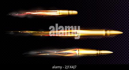Fliegende Kugeln mit Feuer- und Rauchspuren. Vektor realistische Satz von Geschossen verschiedene Kaliber aus Waffe, Pistole oder Pistole mit Rauch Spur abgefeuert Stock Vektor