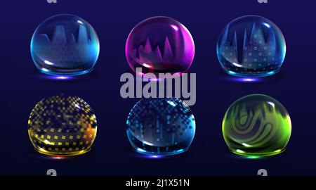 Kaputte Blasenabschirmungen, beschädigte Schutzkraftfelder. Vector realistische Satz von rissierten Sicherheits-Energiebarriere, glänzende Kugeln mit Bruch. Gebrochene Def Stock Vektor