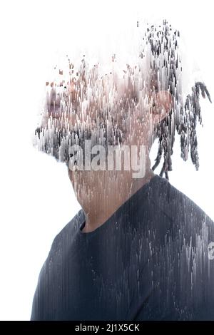 Digitaler Glitch-Effekt kombiniert mit einem Porträt eines stylischen Mannes Stockfoto