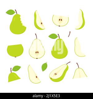 Birnen-Kollektion. Süße Scheiben, ganze und halbe Birnenfrüchte Set. Stock Vektor