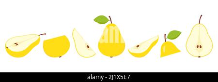 Birnen-Kollektion. Süße Scheiben, ganze und halbe Birnenfrüchte Set. Stock Vektor